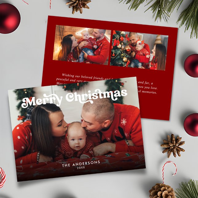 Merry Christmas 3-Photo Retro Typography Message Holiday Card (Creator Uploaded)