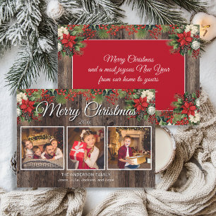 Merry Christmas 3 Photo Rustic Wood Holly Berries Card