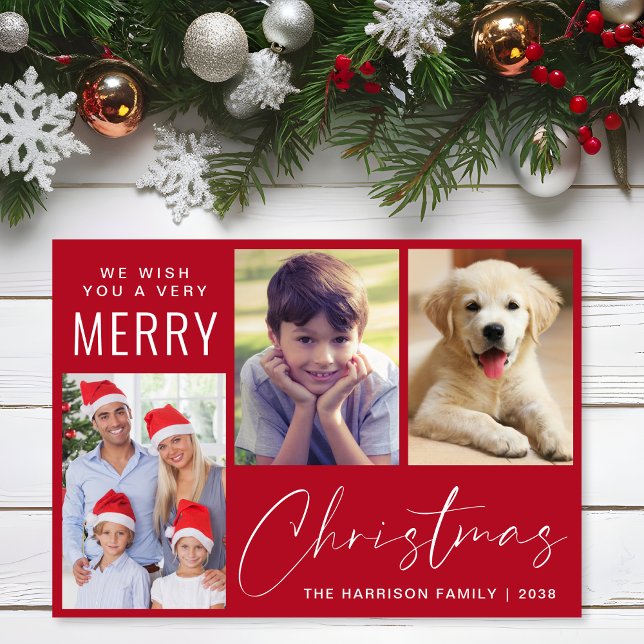 Merry Christmas 3 Photo Script Red Holiday Card (This holiday season, let your family's smiles and heartwarming memories shine on our 3 photo card)