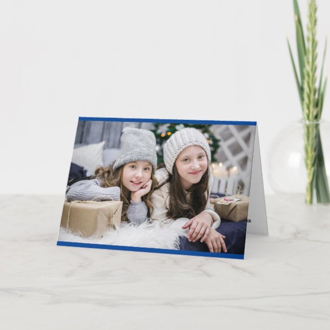 Merry Christmas 3 Photo Simple Blue Snow Theme Holiday Card (Front)