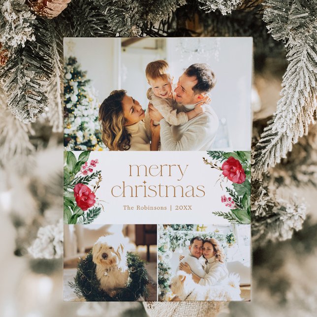 Merry Christmas 3 Photo Winter Botanical Greenery Holiday Card (Creator Uploaded)