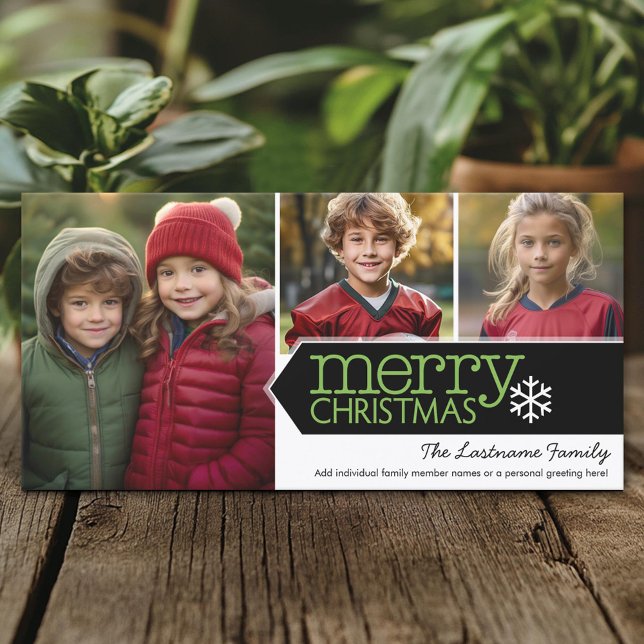 Merry Christmas - 3 photos - black white green Holiday Card (Custom Holiday Photo Card)