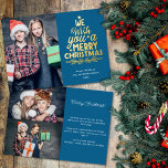 Merry Christmas 3 photos blue family  Foil Holiday Card<br><div class="desc">Modern holiday greeting card, customisable with one of your favourite family Christmas portraits on the front, beside a lovely real gold foil lettering caption that reads "we wish you a merry Christmas" over a plain blue background. On the reverse of the card, you can upload two more photos and your...</div>