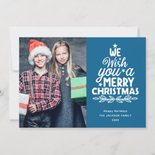 Merry Christmas 3 photos blue family Holiday Card