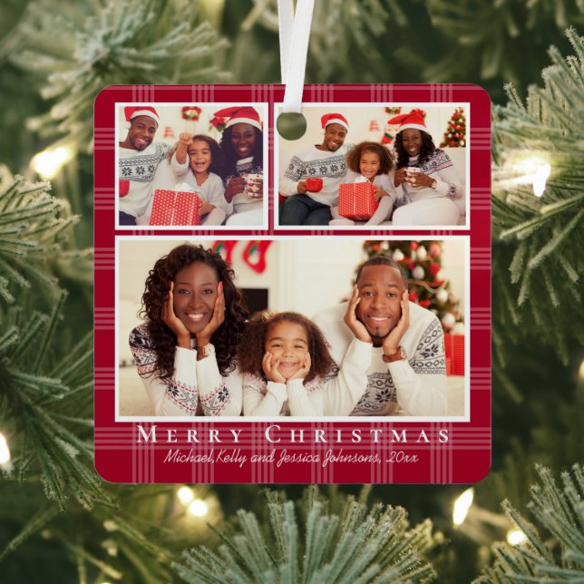 merry christmas 3 photos collage red buffalo plaid metal tree decoration (Insitu)