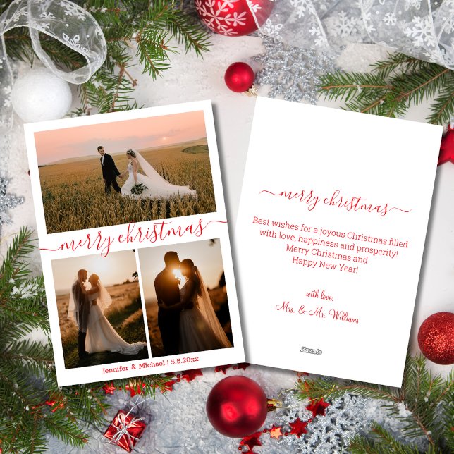 merry christmas  3 photos collage wedding red holiday card (Creator Uploaded)
