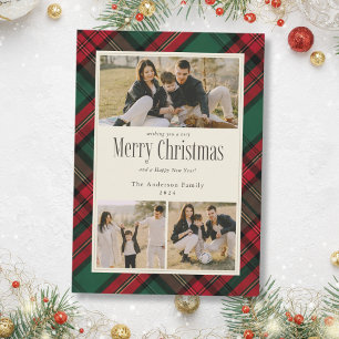 Merry Christmas 3 Photos Elegant Green Red Plaid Holiday Card
