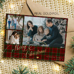Merry Christmas 3 photos elegant script red plaid  Foil Holiday Card<br><div class="desc">Elegant stylish Merry Christmas real gold foil classic calligraphy script three family photo collage red green plaid tartan rustic luxury holiday card with your custom personalised text on both sides.        The foil colour is changeable - you can choose gold,  silver,  or rose gold.</div>