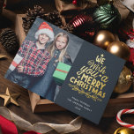 Merry Christmas 3 photos family Foil Holiday Card<br><div class="desc">Modern holiday greeting card, customisable with one of your favourite family Christmas portraits on the front, beside a lovely real gold foil lettering caption that reads "we wish you a merry Christmas" over a plain dark grey background. On the reverse of the card, you can upload two more photos and...</div>