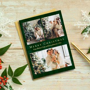 merry christmas 3 photos green buffalo plaid gold foil holiday card