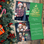 Merry Christmas 3 photos green family  Foil Holiday Card<br><div class="desc">Modern holiday greeting card, customisable with one of your favourite family Christmas portraits on the front, beside a lovely real gold foil lettering caption that reads "we wish you a merry Christmas" over a plain green background. On the reverse of the card, you can upload two more photos and your...</div>