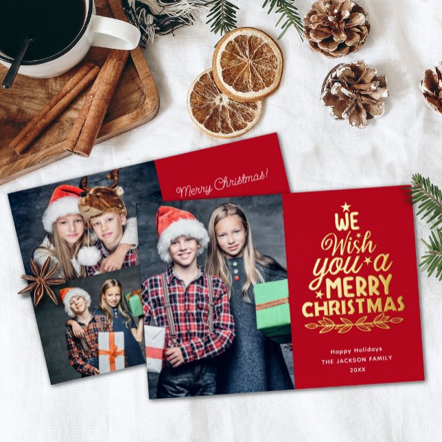 Merry Christmas 3 photos red family Foil Holiday Card (Creator Uploaded)