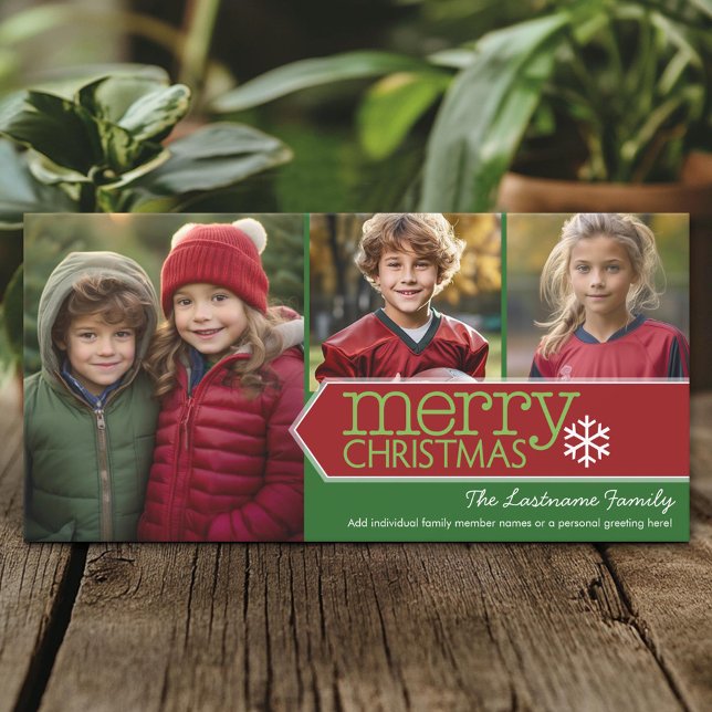 Merry Christmas - 3 photos - red green Holiday Card (Custom Holiday Photo Card)