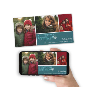 Merry Christmas - 3 photos - teal blue snowflake Holiday Card