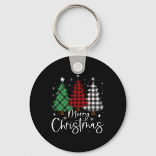 Merry Christmas 3 Xmas Trees Buffalo Plaid Family Key Ring