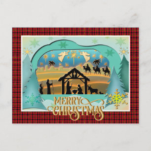 Merry Christmas 3D Paper cut Nativity Scene Red Holiday Postcard