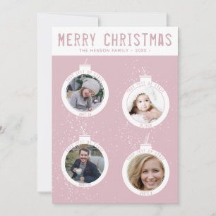 Merry Christmas 4 Balls Pink Family Photo Collage Holiday Card