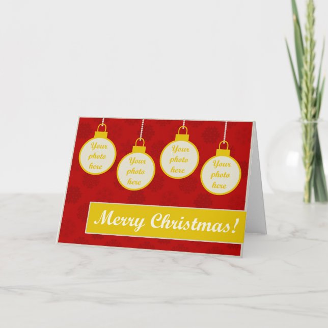 Merry Christmas! 4 Custom Photos Ornaments Holiday Card (Front)