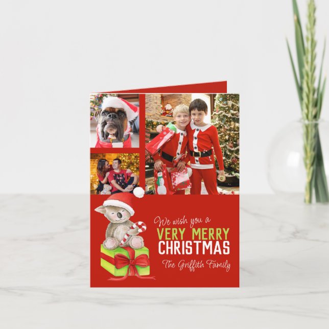 Merry Christmas 4 family photos bear on a box red Holiday Card (Front)