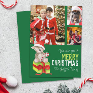 Merry Christmas 4 photo bear gift box green Holiday Card