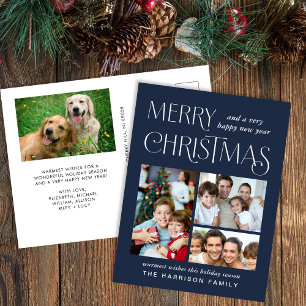 Merry Christmas 4 Photo Blue Holiday Postcard