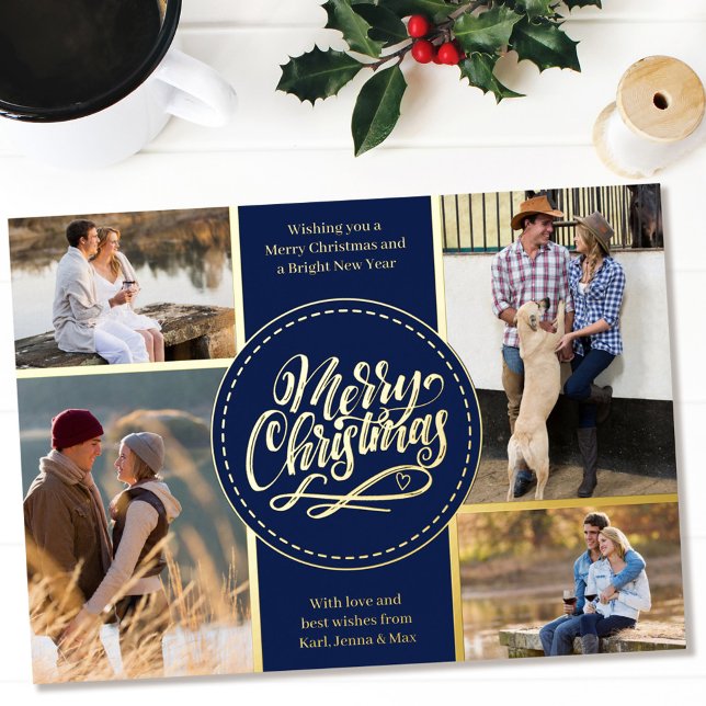 Merry Christmas 4 Photo Collage Blue and Gold Foil Holiday Card (Creator Uploaded)