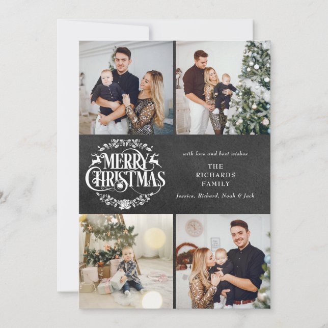 Merry Christmas 4 Photo Collage Boho Chalkboard Holiday Card (Front)