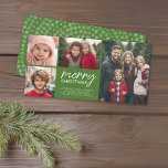 Merry Christmas 4 photo collage - can edit green Holiday Card<br><div class="desc">A modern calligraphy font is used to make this family friendly design. PHOTO CARD TIP: Insert all of your information, and if it is still not quite how you want it: CLICK ON THE LINK THAT SAYS: CUSTOMIZE IT ---- to resize the photos and make them exactly how you would...</div>