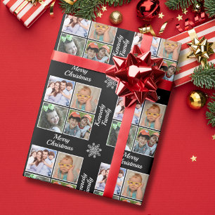 Merry Christmas 4 Photo Collage Family Name Black Wrapping Paper
