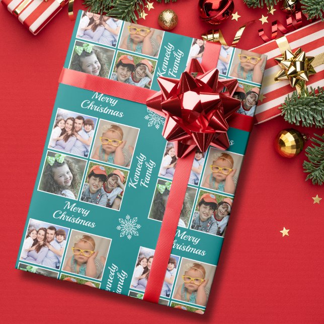 Merry Christmas 4 Photo Collage Family Name Teal Wrapping Paper (Creator Uploaded)