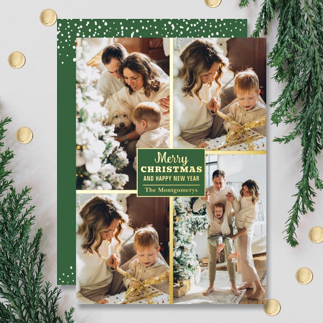 Merry Christmas 4 Photo Collage Gold Foil Holiday Card (Creator Uploaded)
