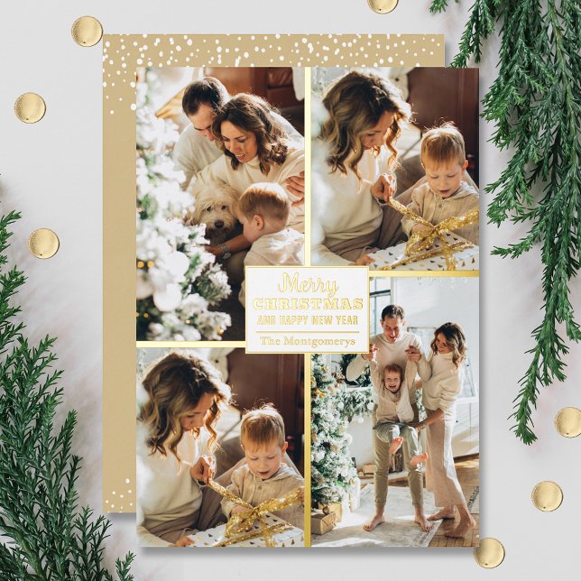 Merry Christmas 4 Photo Collage Gold Foil Holiday Card (Creator Uploaded)