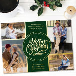 Merry Christmas 4 Photo Collage Green and Gold Foil Holiday Card<br><div class="desc">Personalise this luxury gold foil Christmas card with four of your favourite photos. The template is set up ready for you to add your four photos and, it also has two sections for your greetings and your names. The centre of the card has the wording "Merry Christmas" in a traditional...</div>