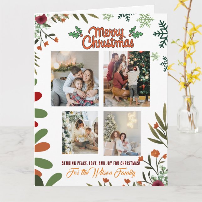 Merry Christmas 4 Photo Collage Green Holiday Card (Yellow Flower)