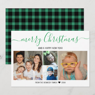 Merry Christmas 4 Photo Collage Green  Plaid Holiday Card