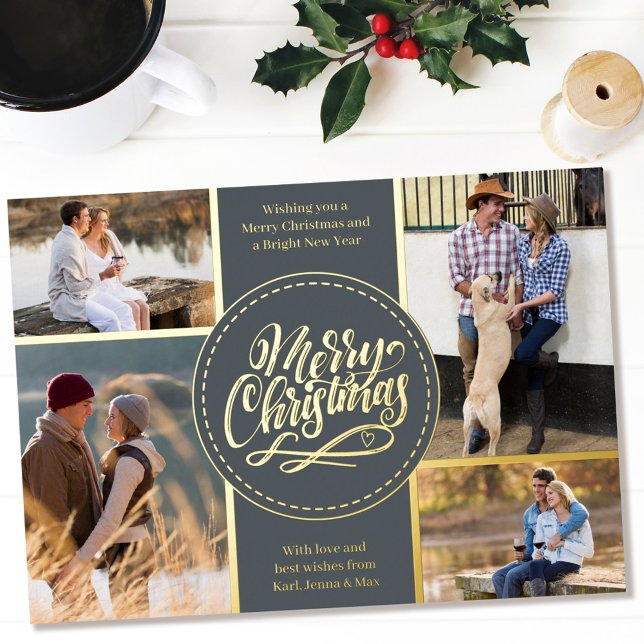Merry Christmas 4 Photo Collage Grey and Gold Foil Holiday Card (Creator Uploaded)