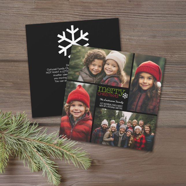 Merry Christmas 4 Photo Collage - letter on back Holiday Card (4 Photo postcard with modern black and white)