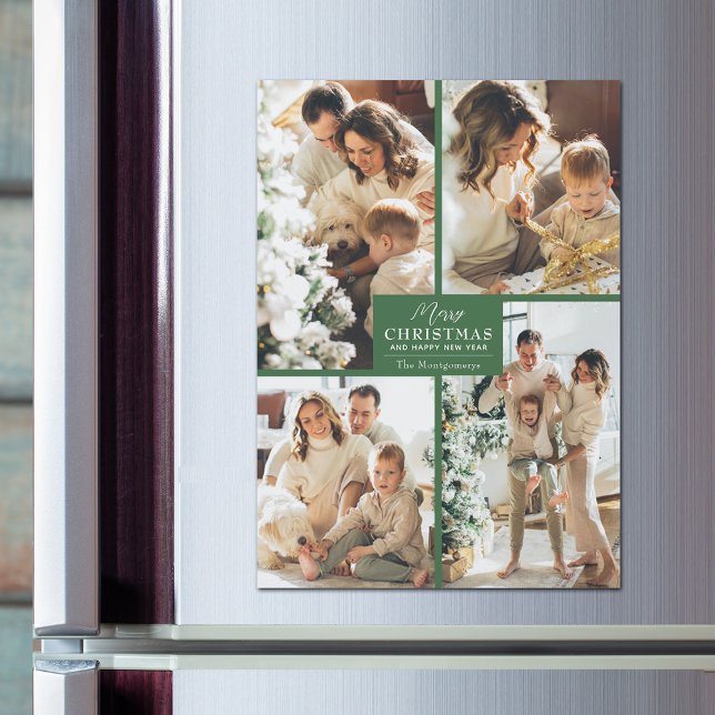 Merry Christmas 4 Photo Collage Magnetic Card (Magnetic greeting cards with Merry Christmas and 4 photos with a green border)