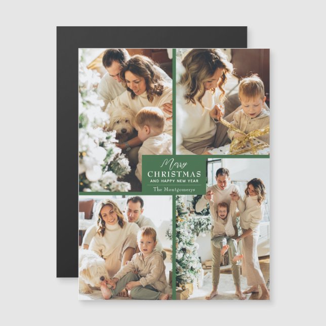 Merry Christmas 4 Photo Collage Magnetic Card (Front/Back)