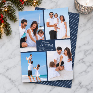 Merry Christmas 4 Photo Collage Navy Blue Holiday Card