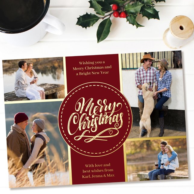 Merry Christmas 4 Photo Collage Red and Gold Foil Holiday Card (Creator Uploaded)