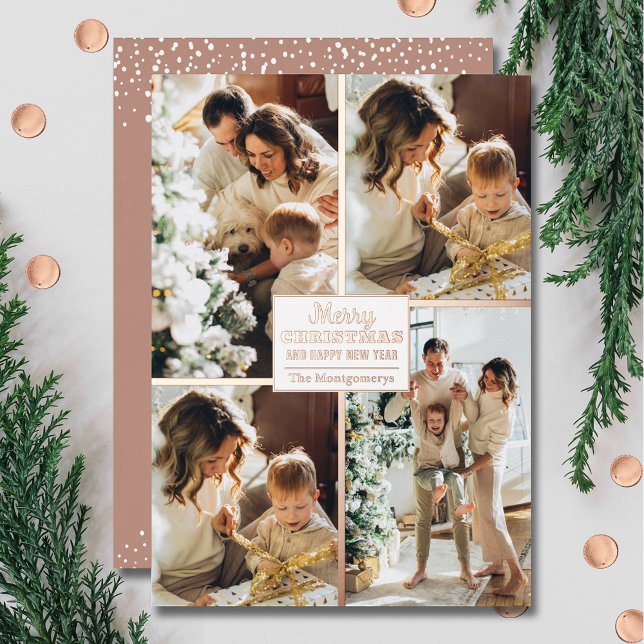 Merry Christmas 4 Photo Collage Rose Gold Foil Holiday Card (Creator Uploaded)