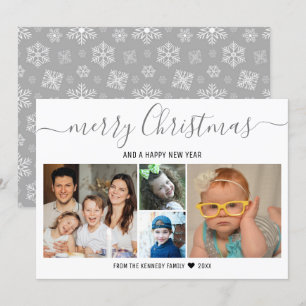 Merry Christmas 4 Photo Collage Silver Snowflakes Holiday Card