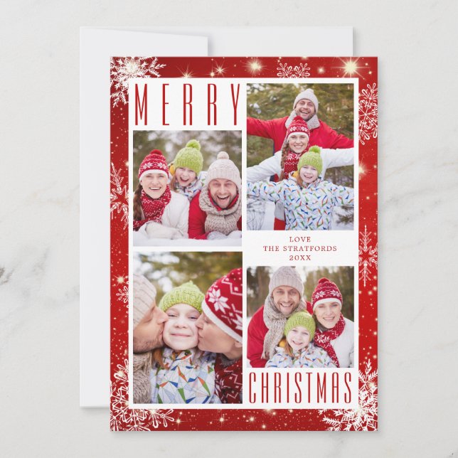 MERRY CHRISTMAS 4 Photo Collage Snowflakes Red Holiday Card (Front)
