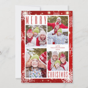 MERRY CHRISTMAS 4 Photo Collage Snowflakes Red Holiday Card