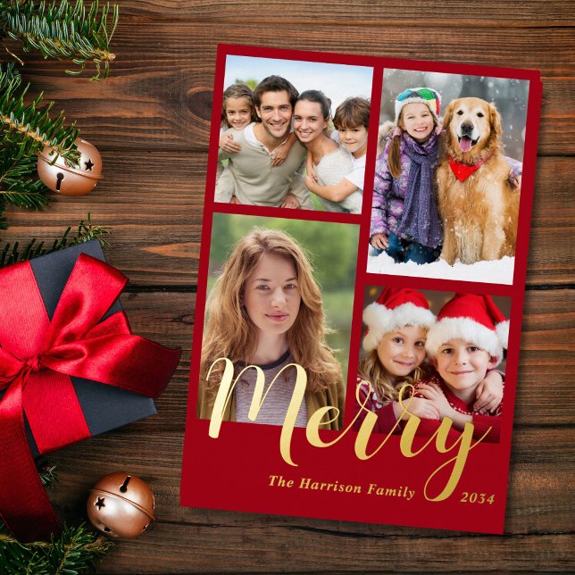 Merry Christmas 4 Photo Red Foil Holiday Card (Creator Uploaded)