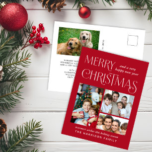 Merry Christmas 4 Photo Red Holiday Postcard