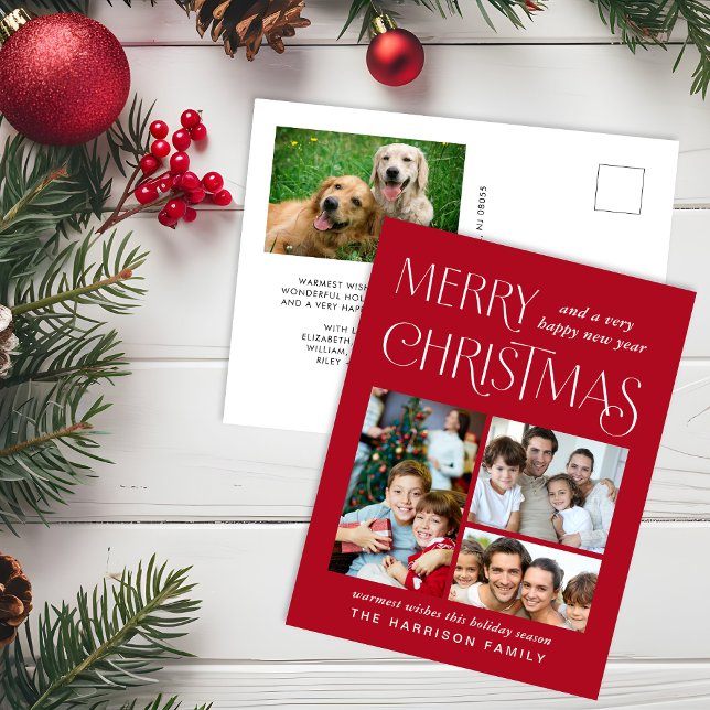 Merry Christmas 4 Photo Red Holiday Postcard (Creator Uploaded)