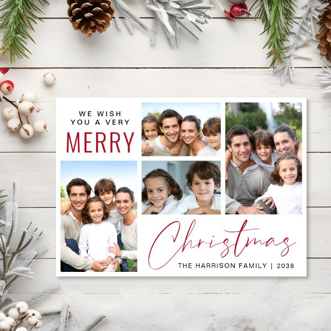 Merry Christmas 4 Photo Red Script Holiday Card (This holiday season, let your family's smiles and heartwarming memories shine on our 4 photo card)