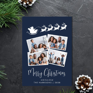 Merry Christmas 4 Photo Santa Sleigh Blue Holiday Card